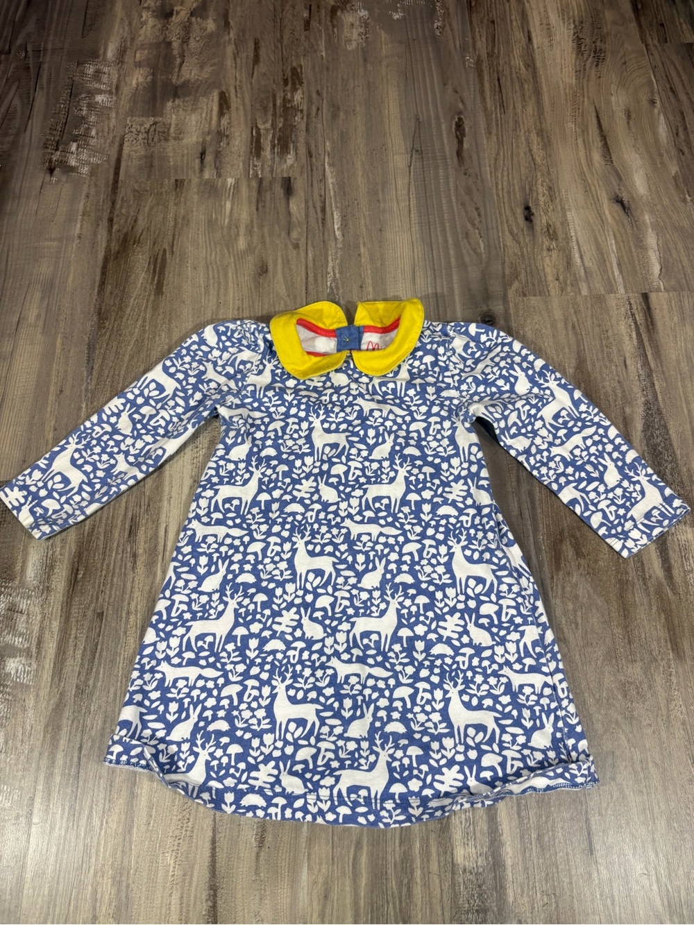 Mini Boden Girls Blue Dress Peter Pan Collar Bunnies & Deer Sz 2-3 Forest Animal